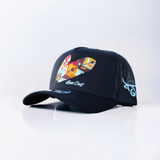 Front view of the black Tribe A-Frame hat featuring the white tribal feathers embroidered logo and structured front panel