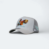 Front view of the all-white Tribe A-Frame hat featuring the tribal feather embroidery and structured front panel