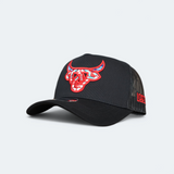 Black Lost Calf Maya A-Frame snapback hat featuring a patterned logo with red outline and breathable mesh back.