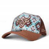 A-Frame baseball cap featuring a white Lost Calf logo on a blue and brown Aztec design with a light brown rim and matching mesh back.