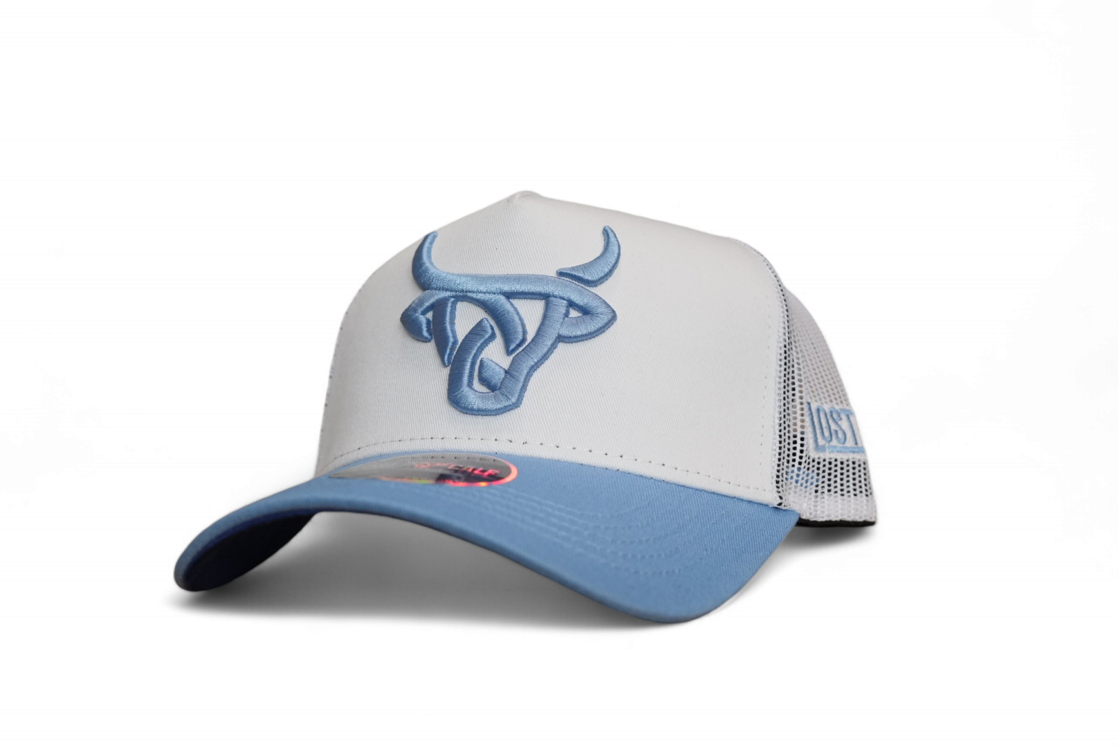 A light blue and white A-Frame baseball cap with a light blue Lost Calf logo embroidered on the front and branding stitched on the left side, featuring a classic mesh back and a quilted comfort sweatband.