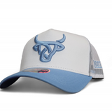 A light blue and white A-Frame baseball cap with a light blue Lost Calf logo embroidered on the front and branding stitched on the left side, featuring a classic mesh back and a quilted comfort sweatband.