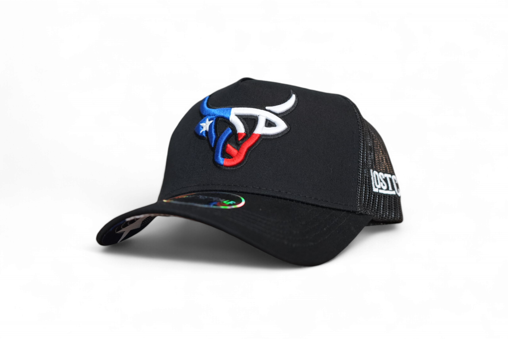 Front view of the black Texas Bull A-Frame hat featuring the red, white, and blue Lost Calf embroidered logo with a white star
