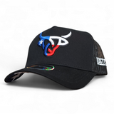 Front view of the black Texas Bull A-Frame hat featuring the red, white, and blue Lost Calf embroidered logo with a white star