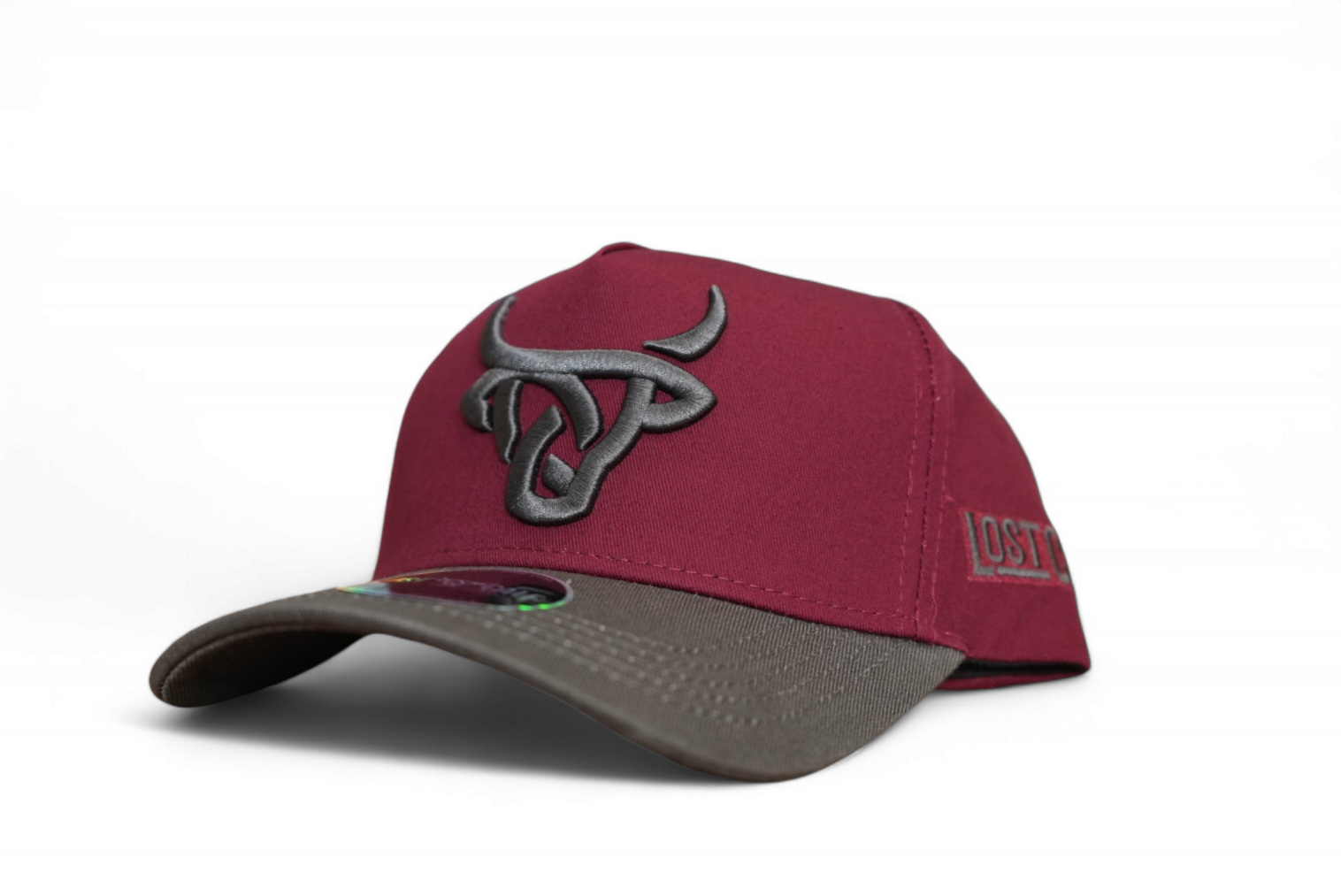 Maroon Lost Calf A-Frame snapback hat with grey embroidered logo, grey rim detail, and side panel stitching.