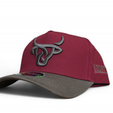 Maroon Lost Calf A-Frame snapback hat with grey embroidered logo, grey rim detail, and side panel stitching.