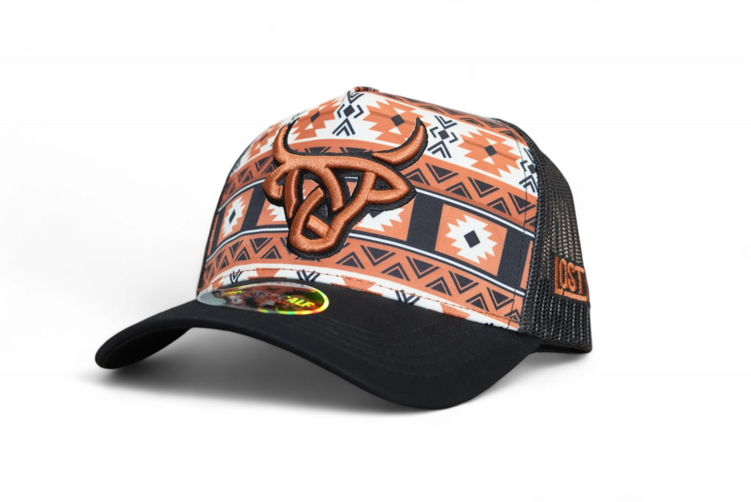 Front view of the black Xipe A-Frame hat featuring the tribal design and brown embroidered Lost Calf logo