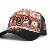Front view of the black Xipe A-Frame hat featuring the tribal design and brown embroidered Lost Calf logo