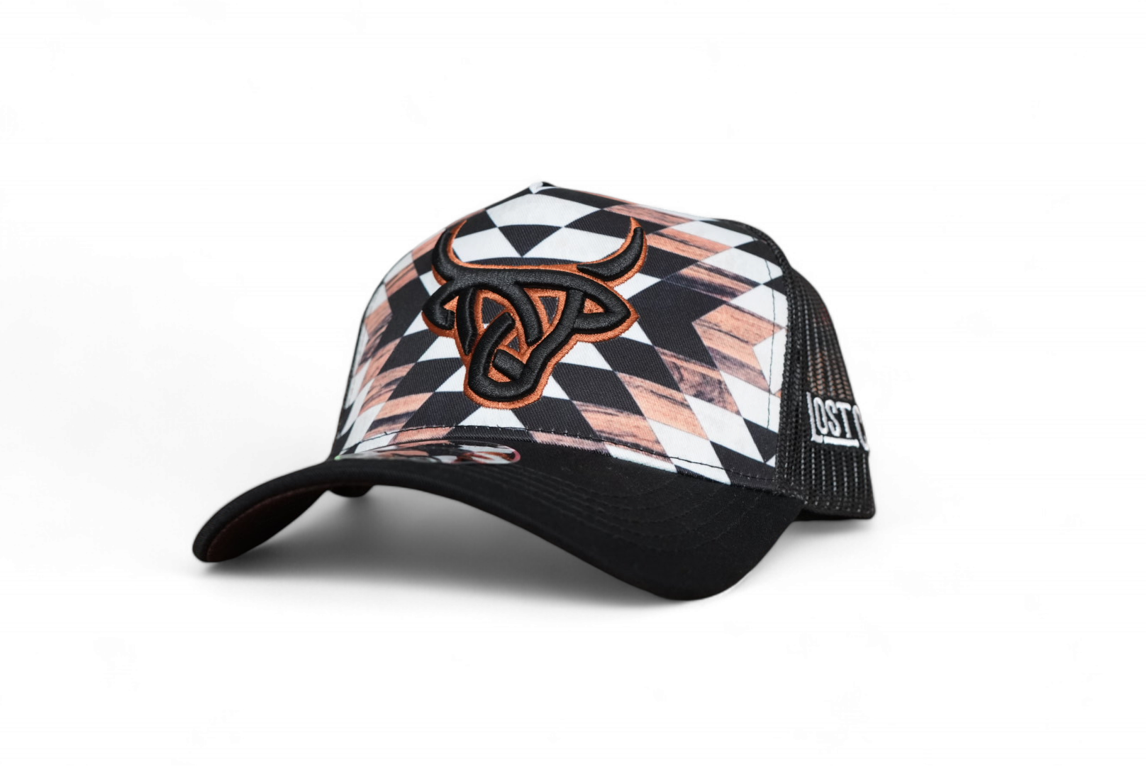 Rustic A-Frame baseball cap with black mesh back and a black Lost Calf logo featuring a brown border and rustic pattern.