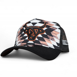 Rustic A-Frame baseball cap with black mesh back and a black Lost Calf logo featuring a brown border and rustic pattern.