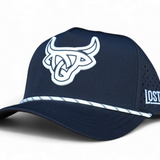 Front view of the Waterproof Black A-Frame hat featuring the white rubber Lost Calf logo and white rope detail.
