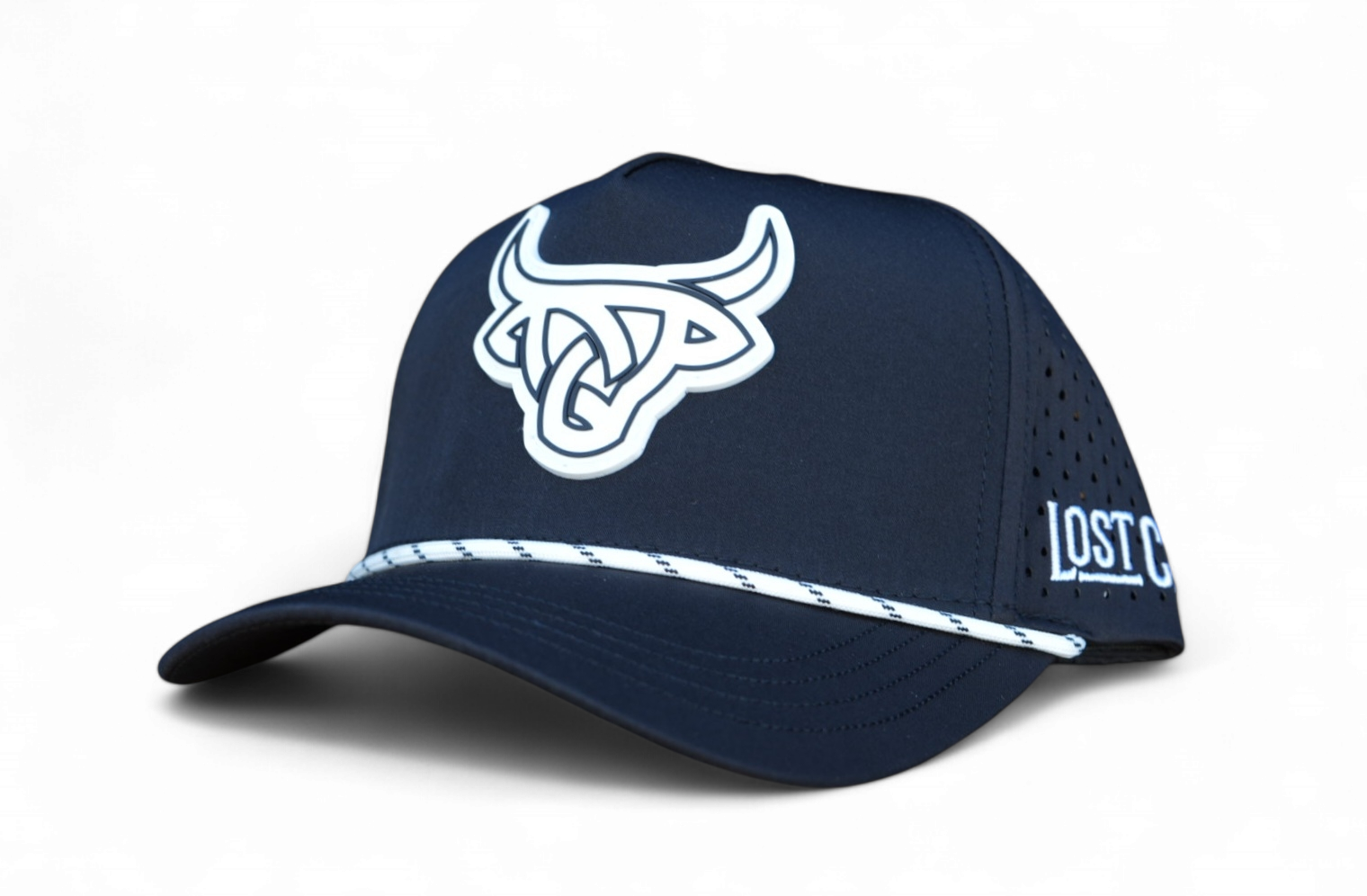 Front view of the Waterproof Black A-Frame hat featuring the white rubber Lost Calf logo and white rope detail.