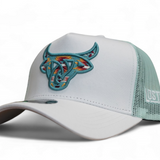 White A-Frame trucker hat with light blue mesh back and 3D Lost Calf logo featuring a colorful Aztec embroidery design.