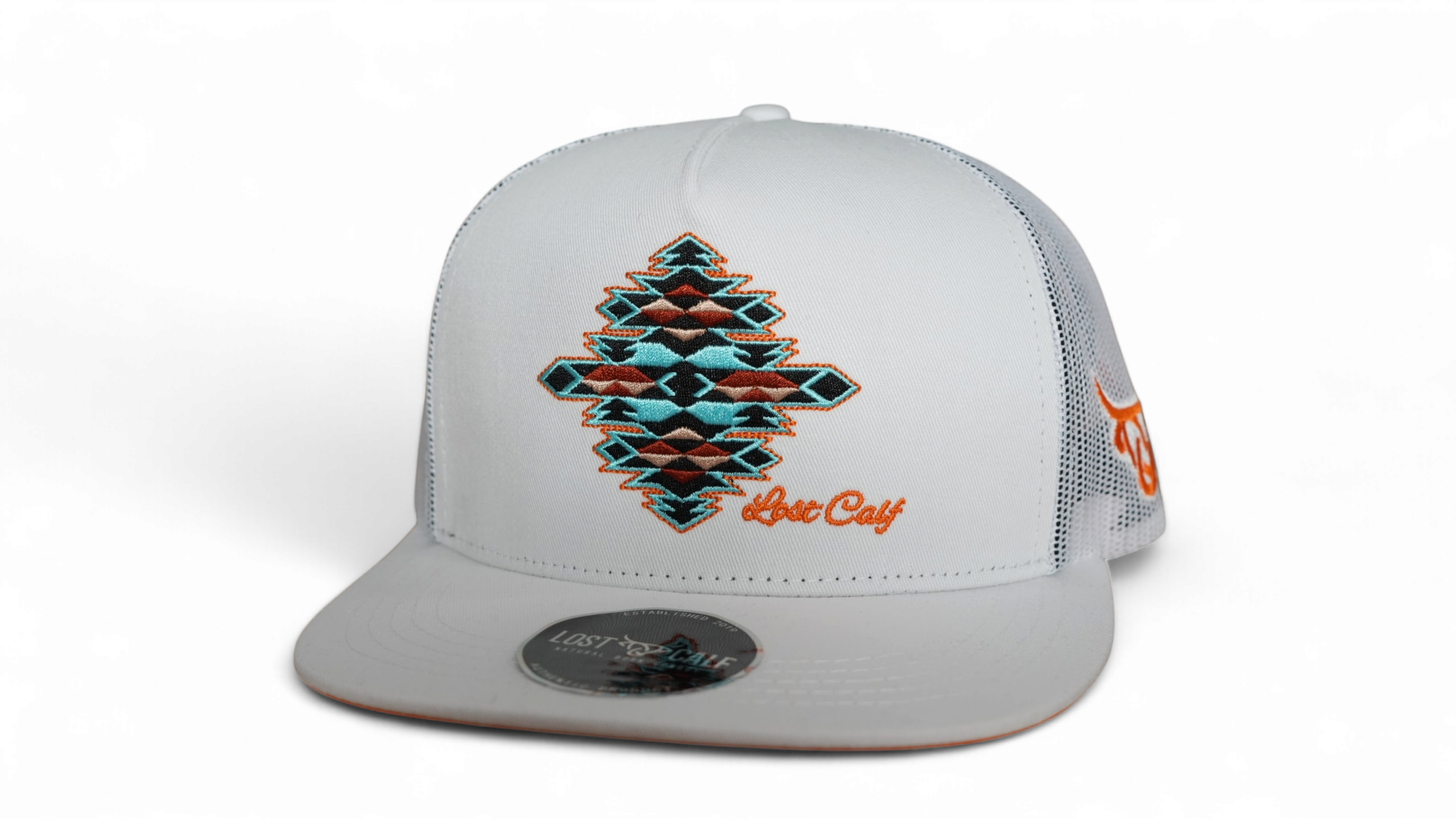 Lost Calf Gem White Flat Bill Trucker Hat