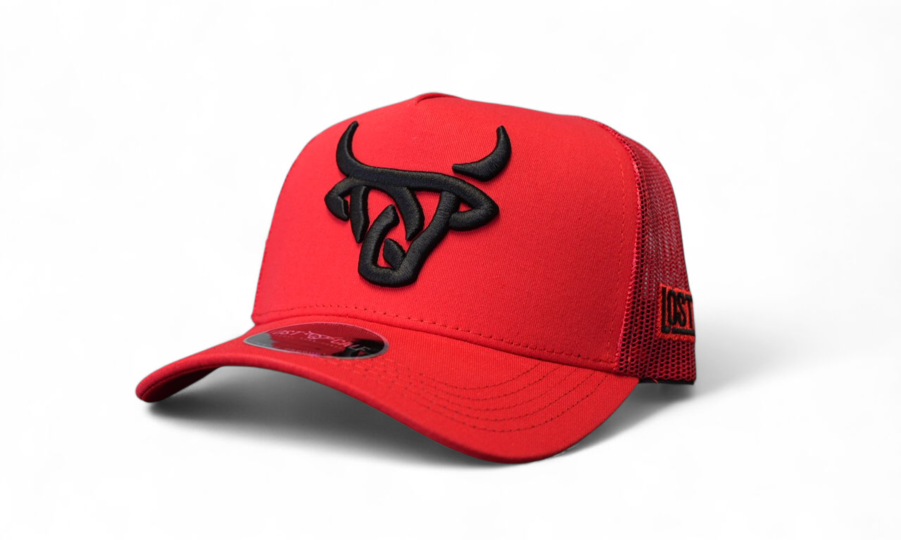 Bright red A-Frame cap with a black embroidered Lost Calf logo 
