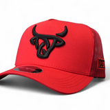 Bright red A-Frame cap with a black embroidered Lost Calf logo 