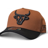 Brown and black cap with a black embroidered Lost Calf logo up front
