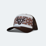 White A-Frame Baseball cap with brown mesh back and brown rim, featuring a brown Lost Calf logo embroidered on the front over a tribal design.