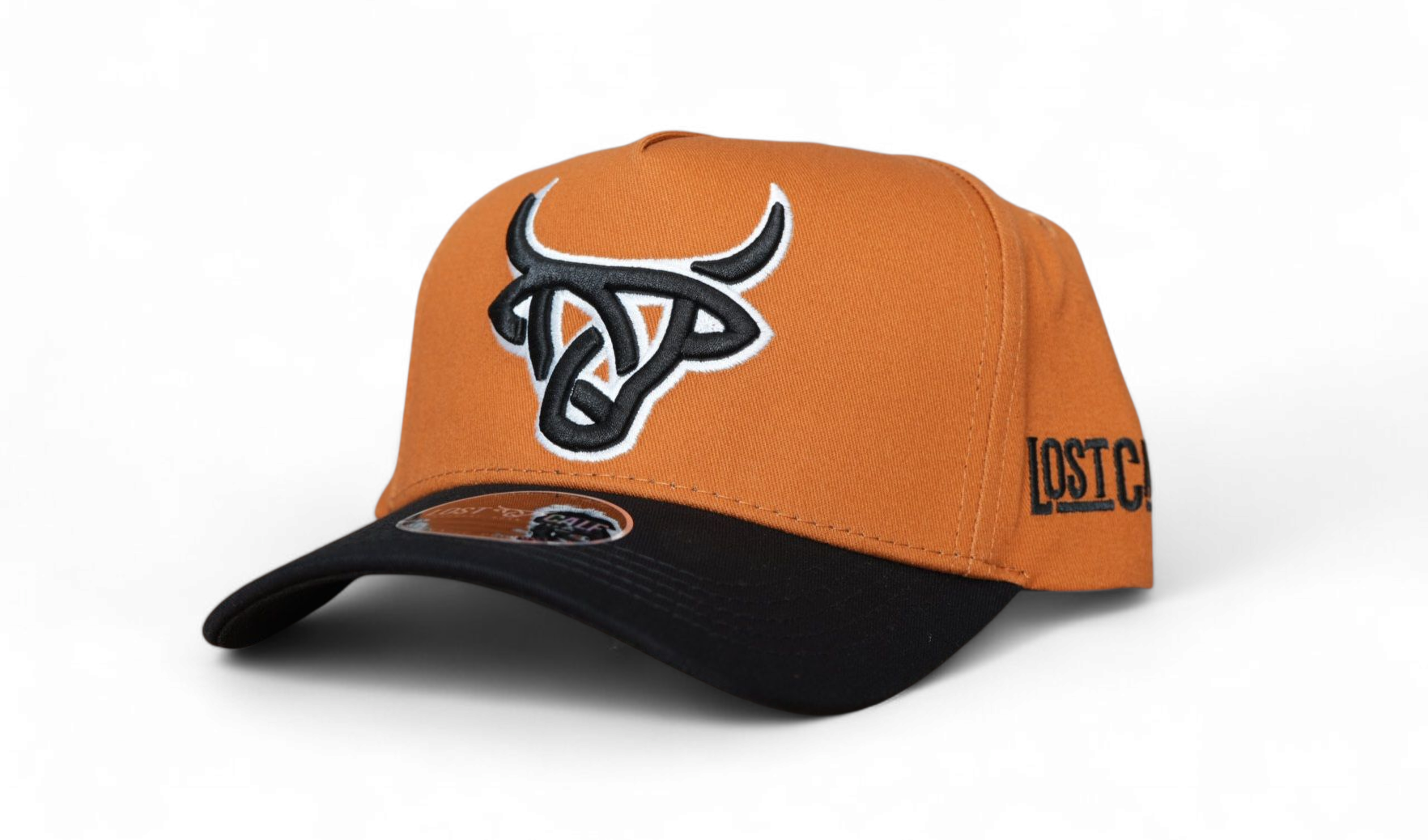Golden yellow Lost Calf Medallion A-Frame snapback hat with black embroidered logo, white outline, and black rim.