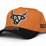 Golden yellow Lost Calf Medallion A-Frame snapback hat with black embroidered logo, white outline, and black rim.