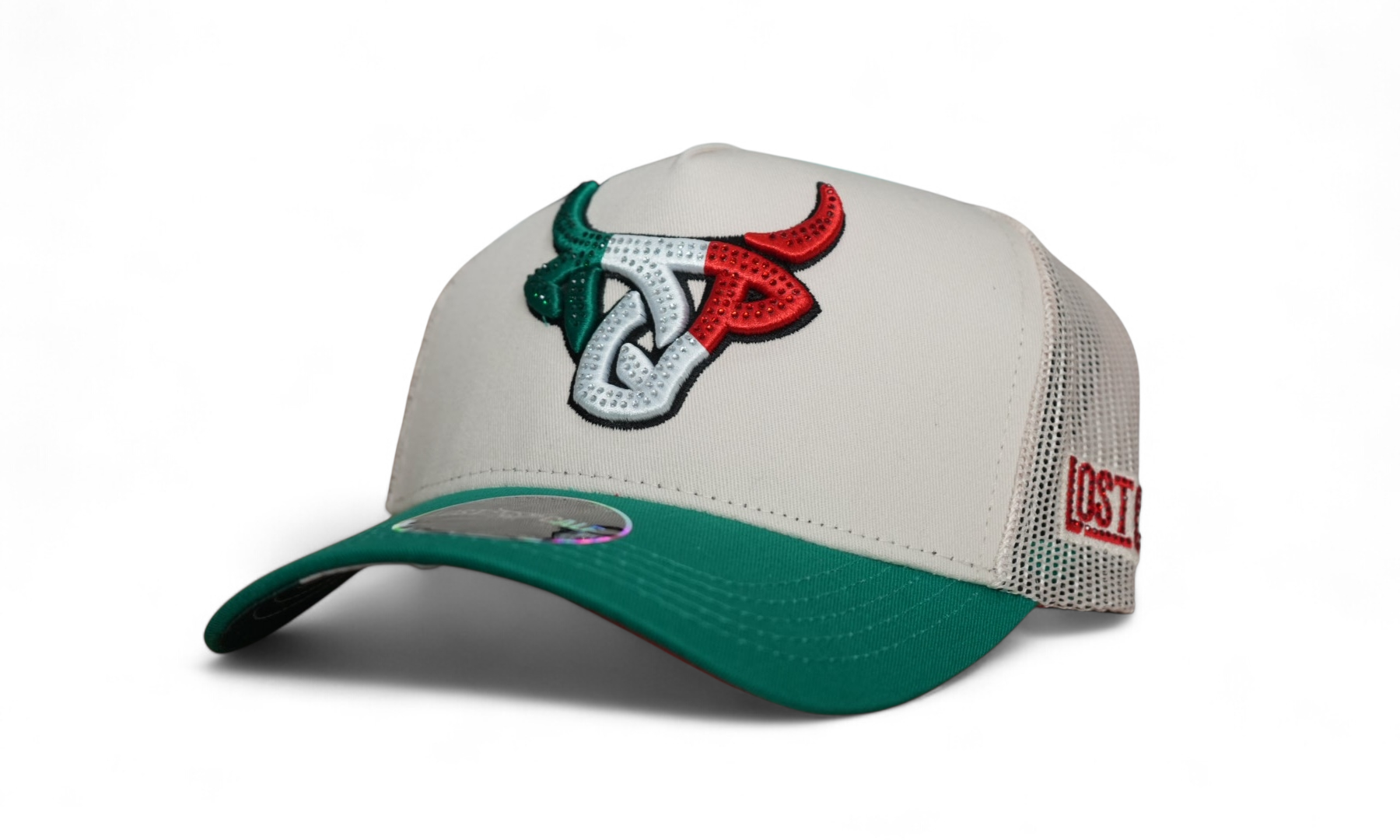 Light khaki Lost Calf A-Frame hat with green rim, jeweled tri-color logo, and breathable khaki mesh back.