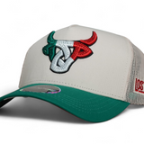 Light khaki Lost Calf A-Frame hat with green rim, jeweled tri-color logo, and breathable khaki mesh back.