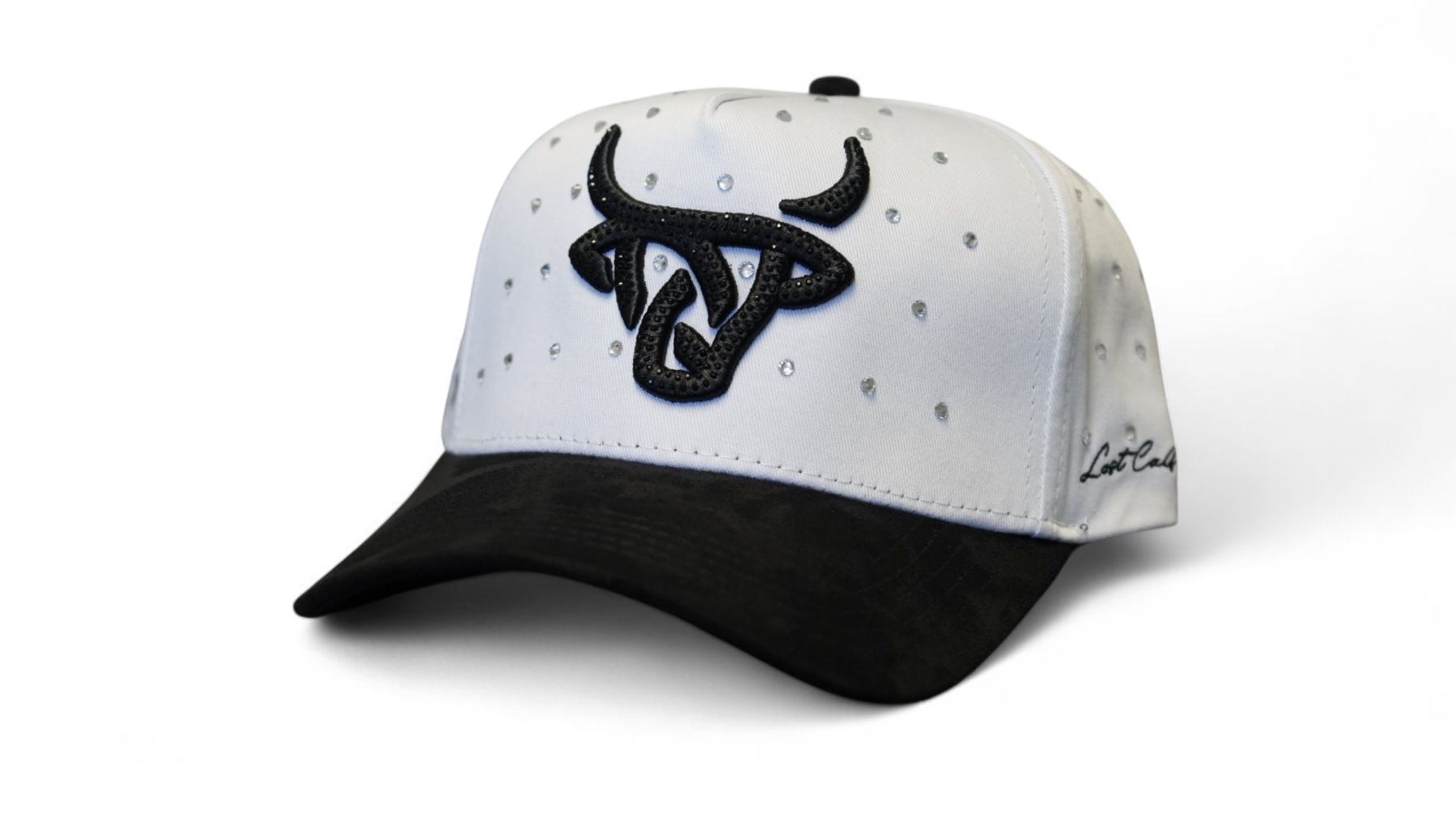 White Lost Calf A-Frame Snapback Hat with Black Brim and Embroidered Logo.