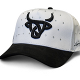 White Lost Calf A-Frame Snapback Hat with Black Brim and Embroidered Logo.