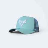 Front view of the Lost Calf Teal A-Frame hat featuring white embroidered logo and structured high-crown