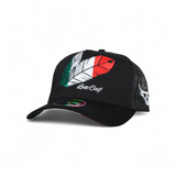Black Lost Calf A-Frame hat with tri-color Mexican flag feather logo and breathable black mesh back.