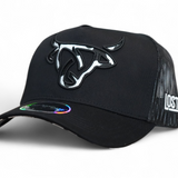 Full black A-Frame snapback with black mesh in back, a Lost Calf logo filled with a cow-pattern up front