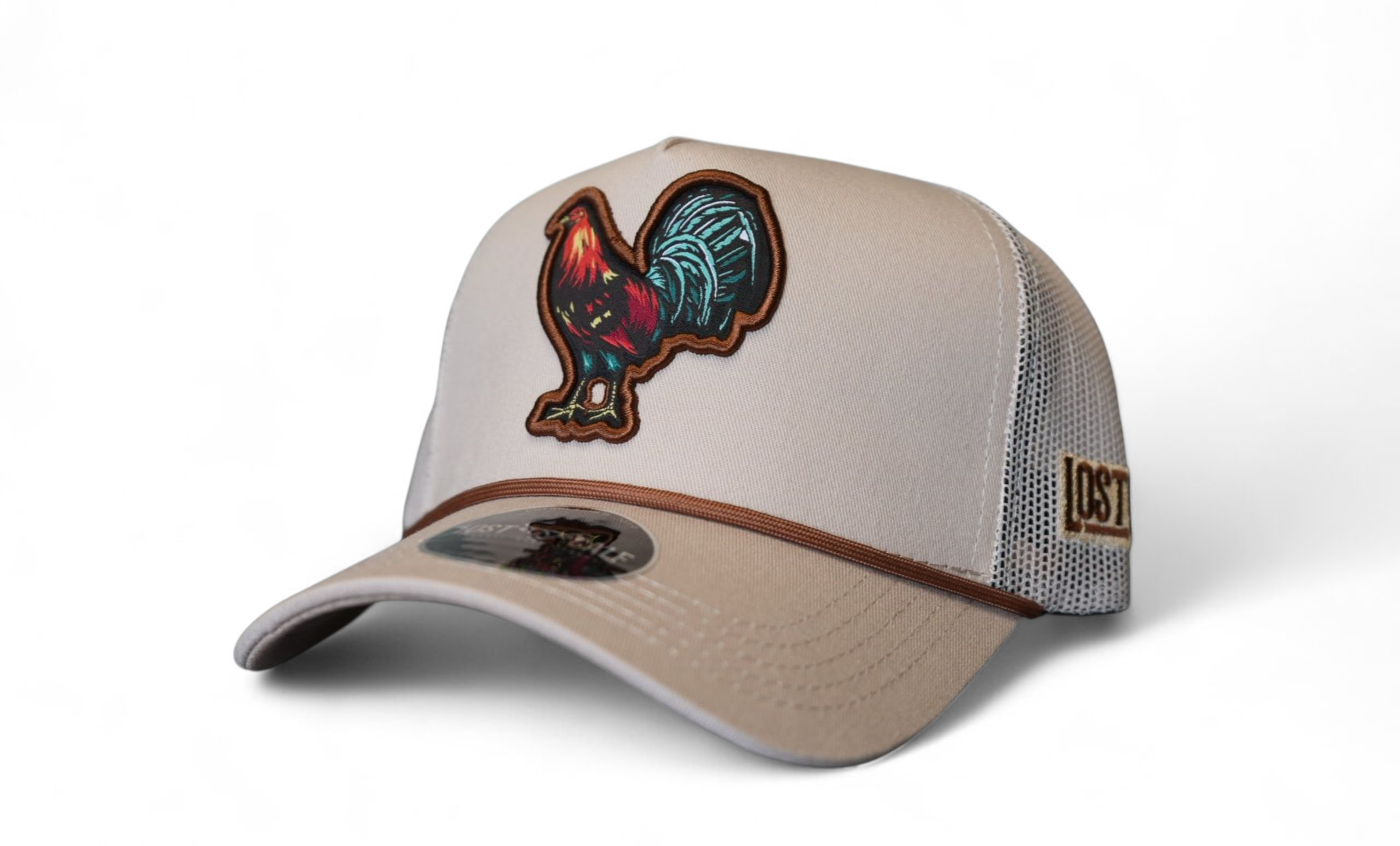 Light khaki Gallo A-Frame western trucker hat with brown rope detail and embroidered rooster logo by Lost Calf