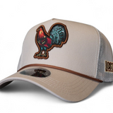 Light khaki Gallo A-Frame western trucker hat with brown rope detail and embroidered rooster logo by Lost Calf