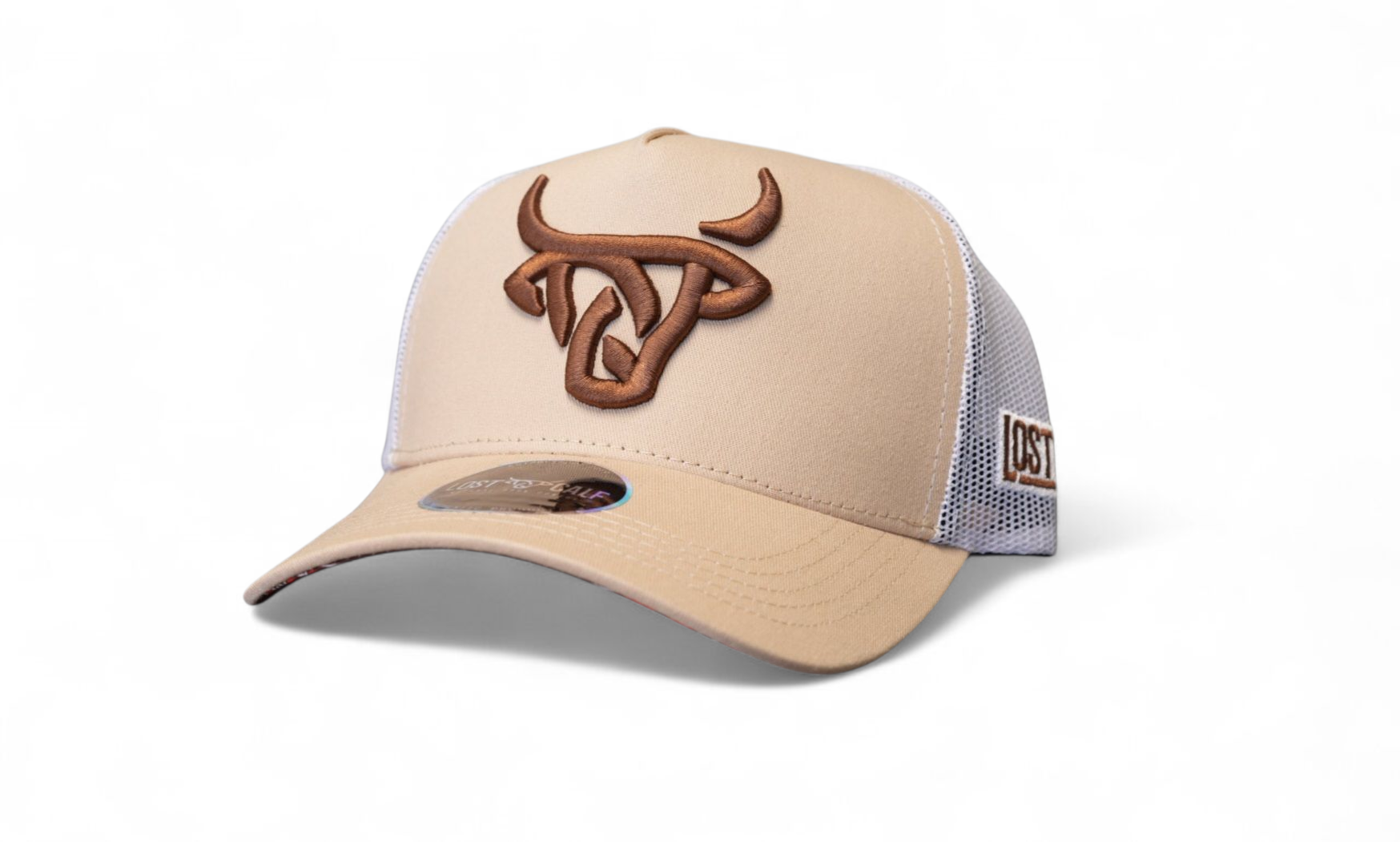 Beige A-Frame Hat with white mesh in back, brown Lost Calf embroidered logo up front