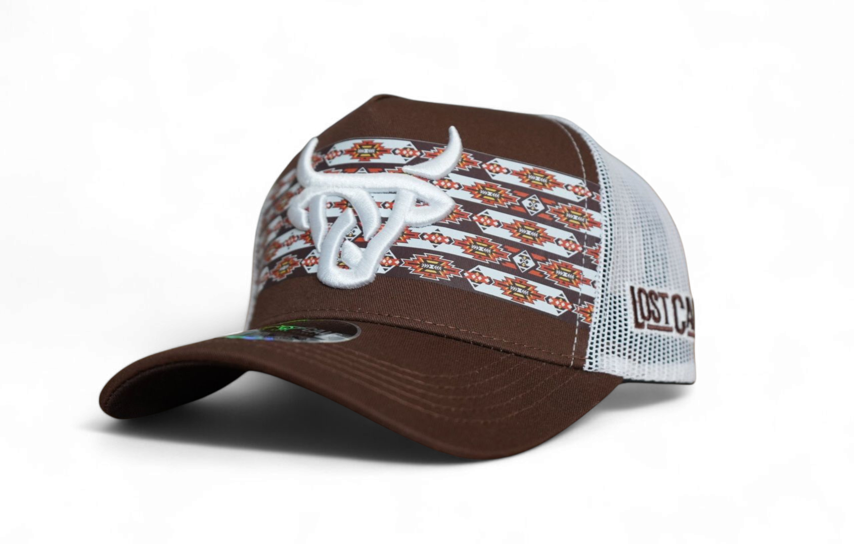 Brown snapback hard with white mesh in back, decorative pattern up front with white Lost Calf logo embroidered