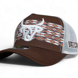 Brown snapback hard with white mesh in back, decorative pattern up front with white Lost Calf logo embroidered