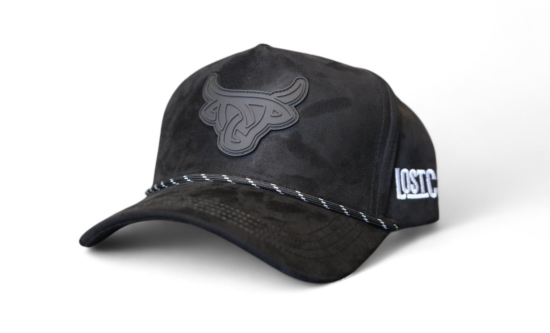 Black A-Frame hat with a textured Lost Calf logo and a black and white rope between the front and rim