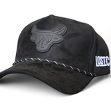 Black A-Frame hat with a textured Lost Calf logo and a black and white rope between the front and rim