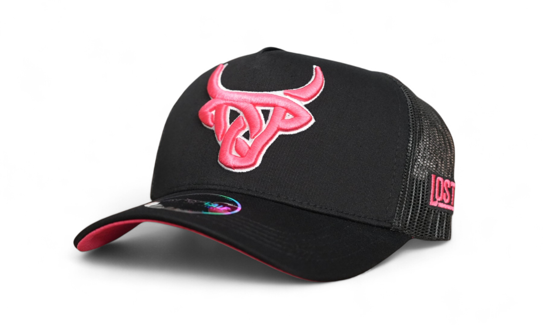 Black on black cap with pink embroidered Lost Calf logo and pink under rim