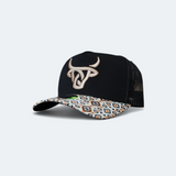 Front view of the black Yakama A-Frame hat featuring the colorful Aztec patterned bill and tan embroidered Lost Calf logo
