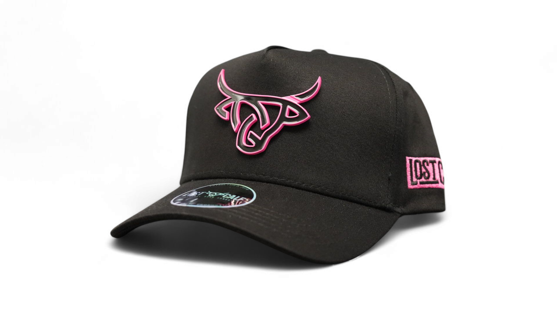 Black Lost Calf A-Frame snapback hat featuring a black metal logo with a pink outline and side panel stitching.