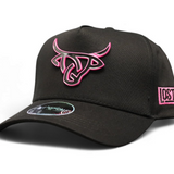 Black Lost Calf A-Frame snapback hat featuring a black metal logo with a pink outline and side panel stitching.