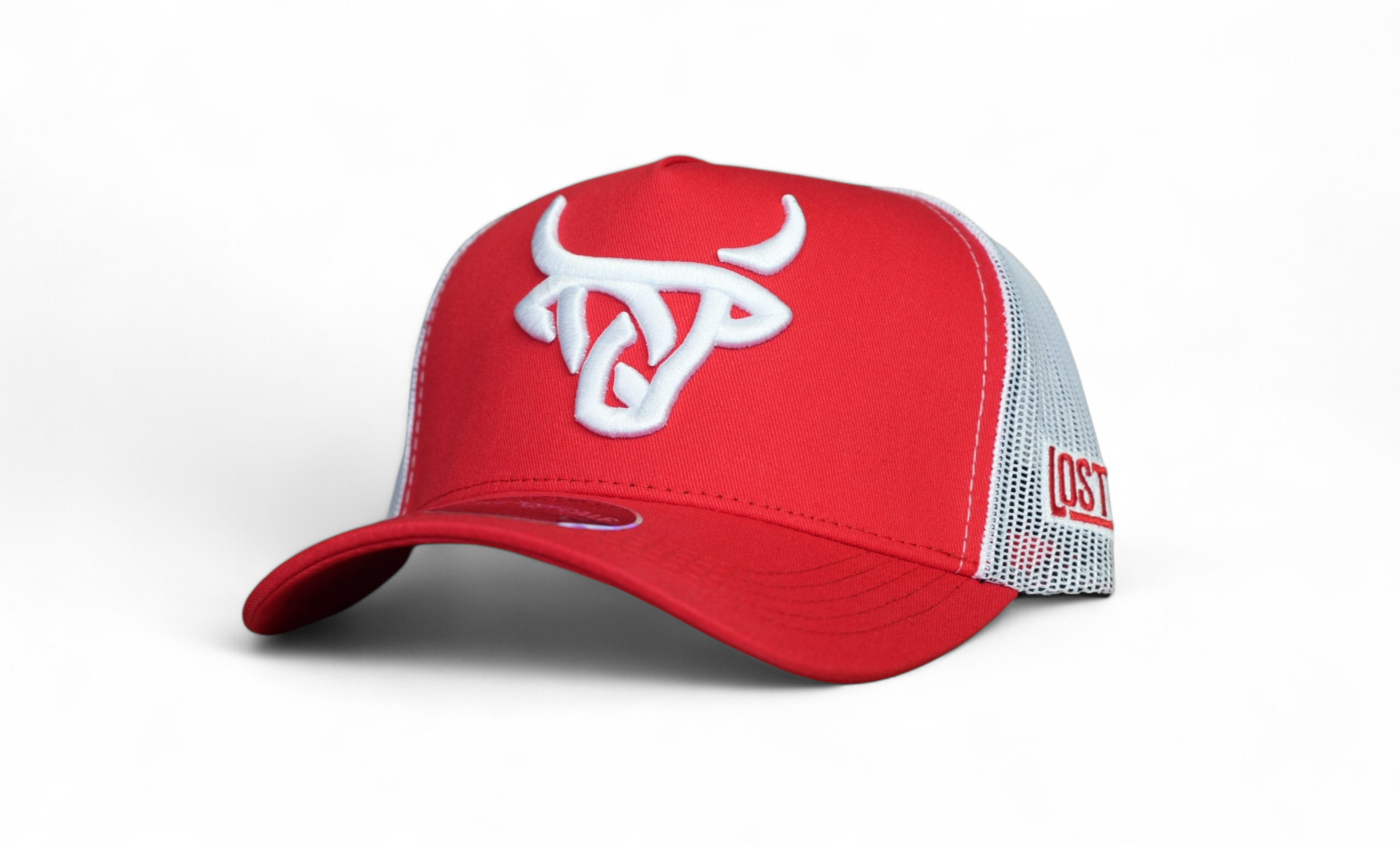 Bright red A-Frame hat with white mesh back and a bold white Lost Calf logo embroidered on the front panel