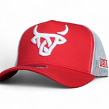 Bright red A-Frame hat with white mesh back and a bold white Lost Calf logo embroidered on the front panel