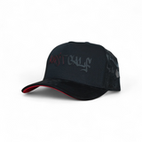 All-black Lost Calf LV A-Frame snapback hat with logo-patterned mesh back and orange under-visor.