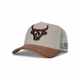 Light beige A-Frame hat with brown Lost Calf logo embroidery and matching brown rim.