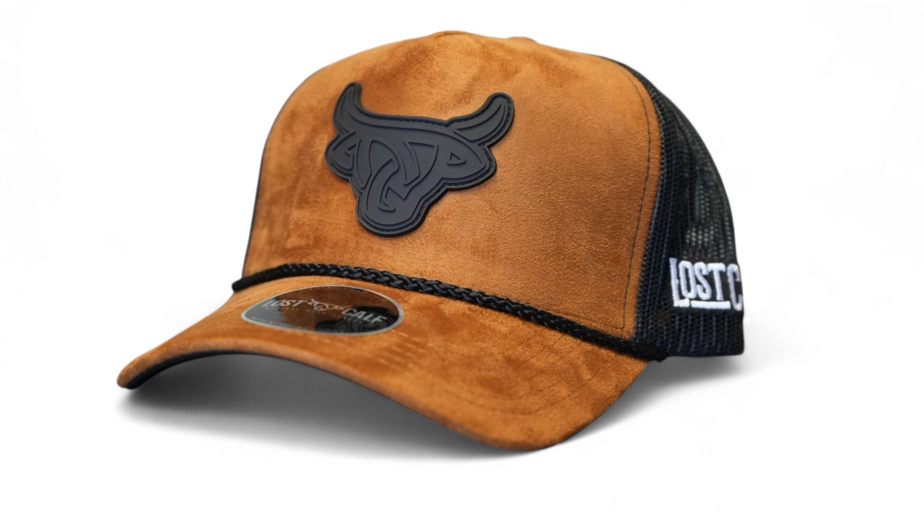 Front view of the Lost Calf Suede Khaki A-Frame hat featuring the textured black logo patch and black rope detail.