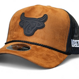 Front view of the Lost Calf Suede Khaki A-Frame hat featuring the textured black logo patch and black rope detail.