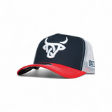 Front view of the Texan Calf A-Frame hat showing the navy crown, white embroidered logo, and red rim