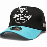 Black snapback with blue rim and black mesh in back, with a white 'Lost Calf' logo